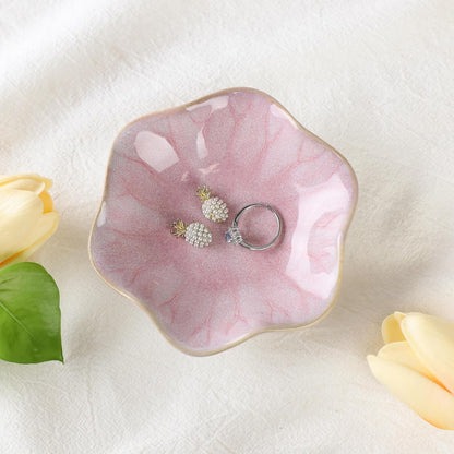 Pink Flower Ring Dish Holder,Jewelry Dish Tray,Small Trinket Tray,Jewelry Plate Bowl,Key Bowl,Decorative Plate,Mothers Day Birthday Gifts for Women Friends,Ceramic Kiln effect White