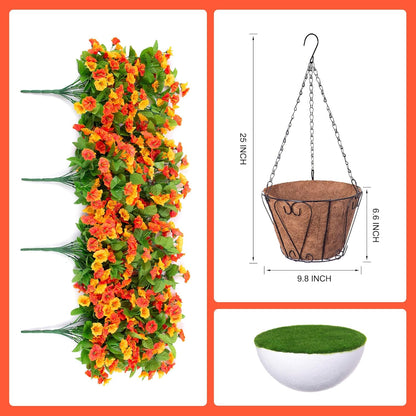INXUGAO Artificial Flowers with Hanging Basket, Outdoor Faux Plants Silk Morning Glory Vines, Fake Green Arrangement for Garden Patio Spring Summer Decor(4pcs,Darkorchid)