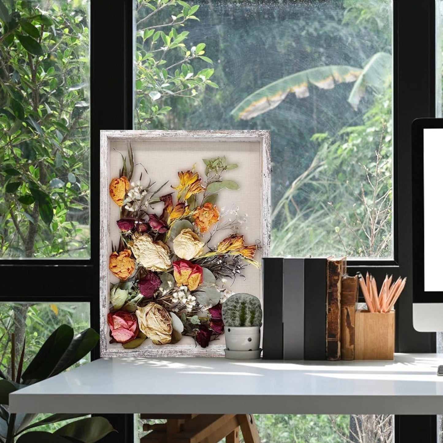 GraduationMall 13x16 Wood Shadow Box Frame Glass Door Display Case with Linen Back and 6 Stick Pins,1.5 inches Interior Depth,Ideal for Memorabilia Pictures Flowers Medals Tickets Rustic White