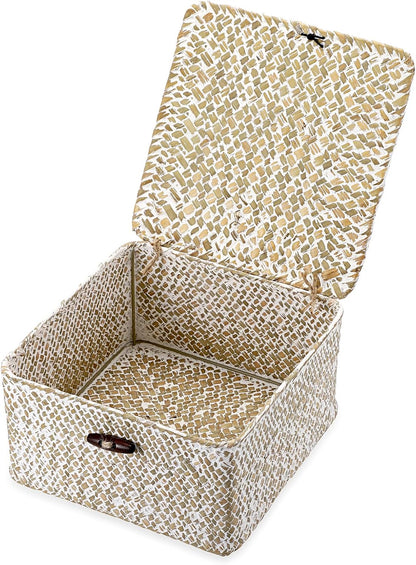 Hipiwe Seagrass Basket with Lid Wicker Storage Basket Square Handwoven Decorative Baskets Box for Shelf Multipurpose Household Baskets Home Decor,X-small