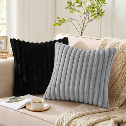 Pallene Faux Fur Plush Throw Pillow Covers 18x18 Set of 2, Luxury Soft Fluffy Striped Decorative Pillow Covers for Sofa, Couch, Living Room, Cream White