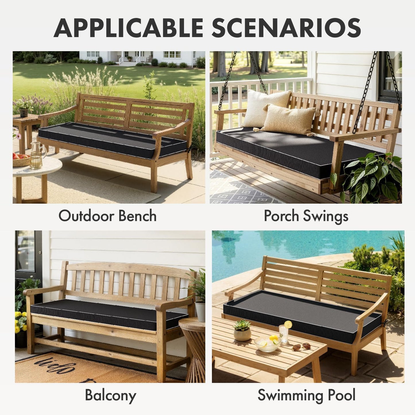 MIULEE Black Outdoor Bench Cushion 48x18x3 Inch Waterproof 3-Year Color Fastness Patio Furniture Cushions for Porch Swing, Garden Bench Sofa Couch with Adjustable Ties No Slip Design