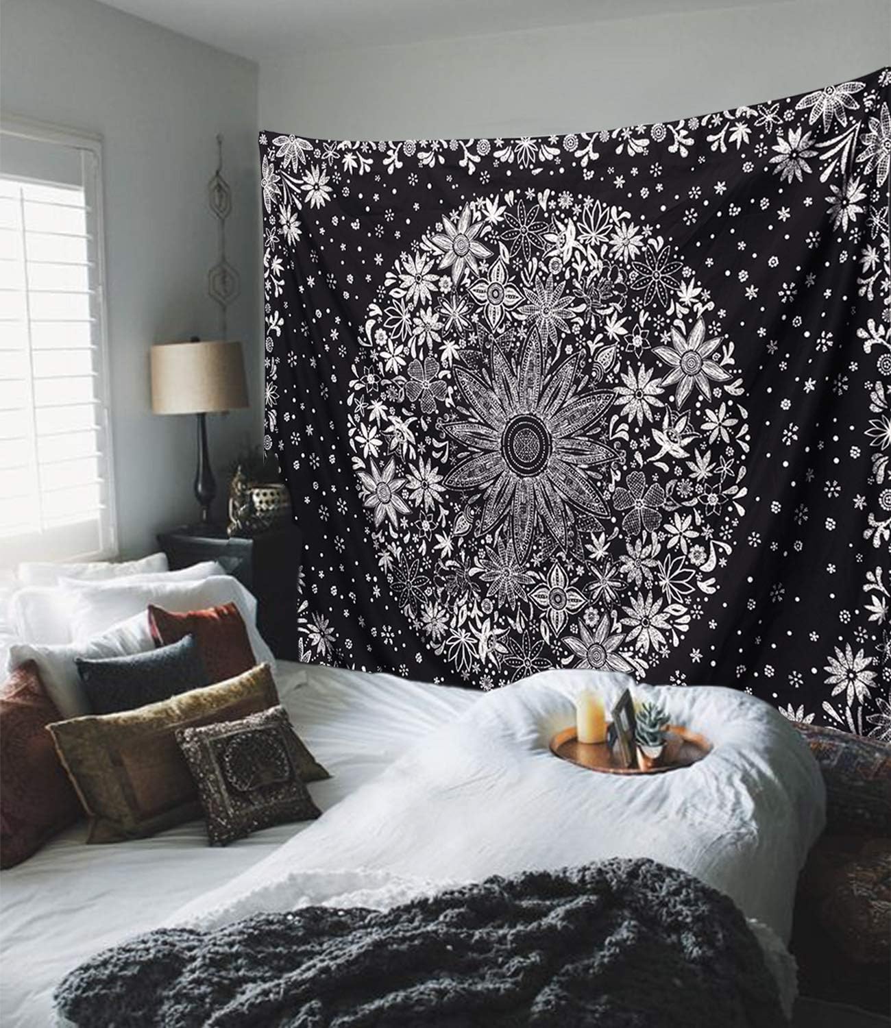 Neasow Bohemian Tapestry Wall Hanging, Beige White Floral Tapestry with Dotted Daisy Medallion Print Bedroom Boho Hippie Home Decor, 36×48 inches