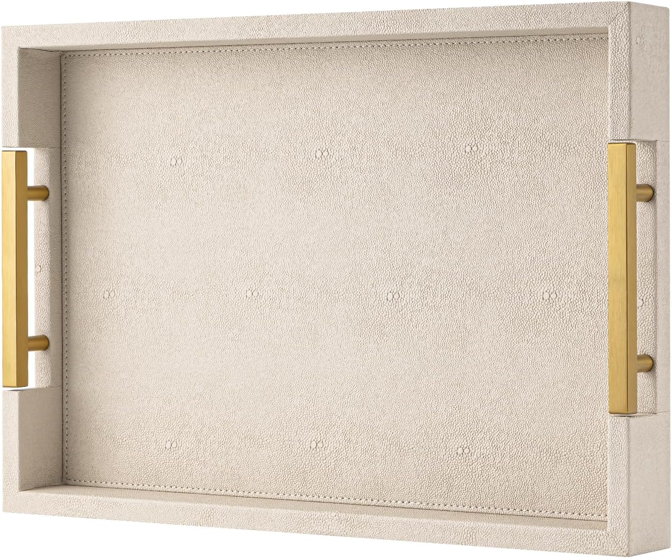 Beige Faux Leather Serving Tray with Handles – Large Decorative Tray for Coffee Table, Ottoman, Living Room, Bathroom – Home Decor