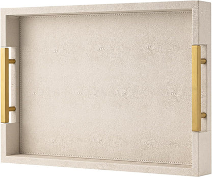 Beige Faux Leather Serving Tray with Handles – Large Decorative Tray for Coffee Table, Ottoman, Living Room, Bathroom – Home Decor