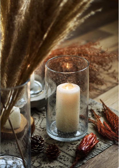 Hurricane Candle Holders for Pillar Hand Blown Glass Cylinder Vases Table Centerpiece Bulk Room Decor Clear Seeded Bubbles Living Dining Kitchen Island 10" 7" 4" Set of 3