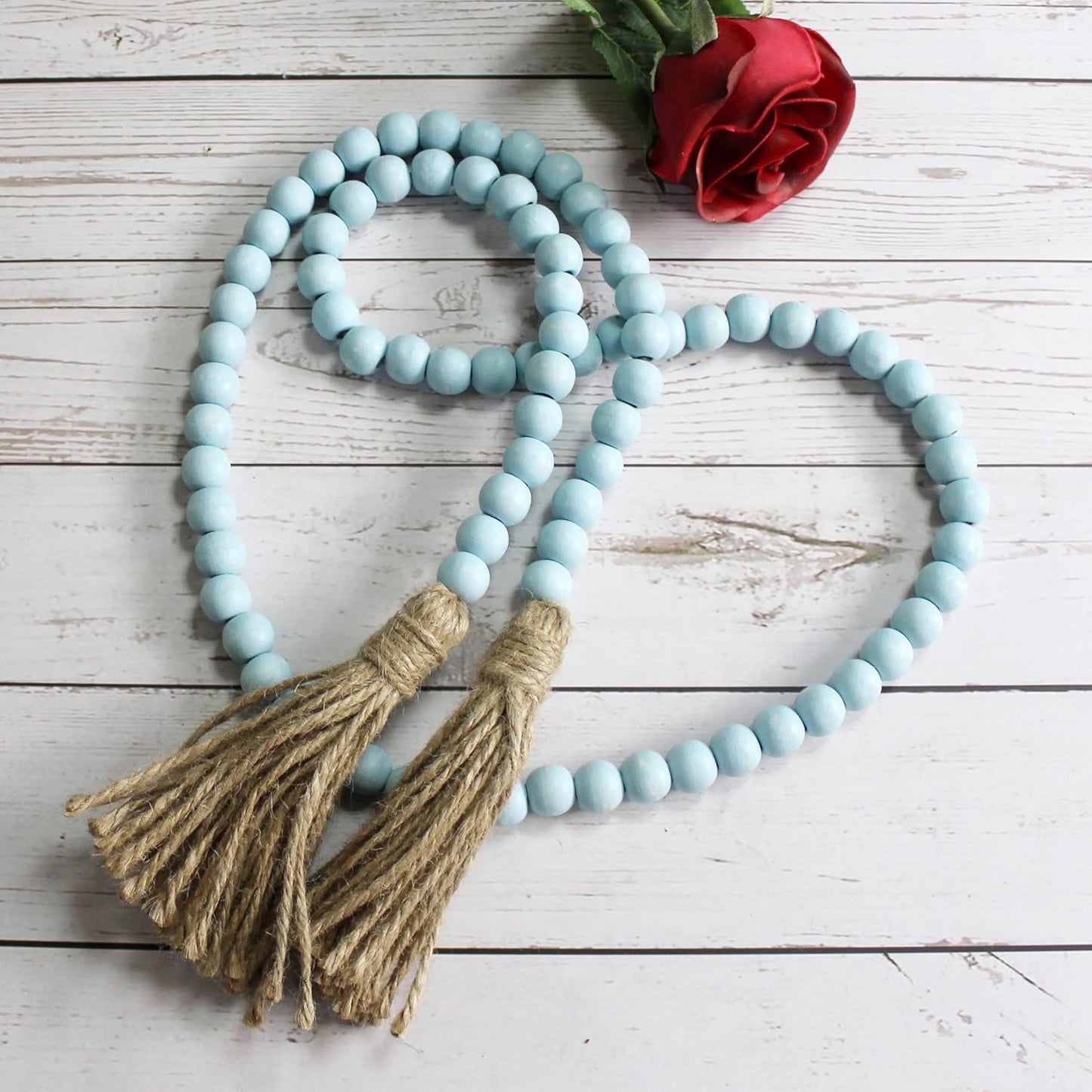 CVHOMEDECO. Wood Beads Garland with Tassels Farmhouse Rustic Wooden Prayer Bead String Wall Hanging Accent for Home Festival Decor. Mix Distressed
