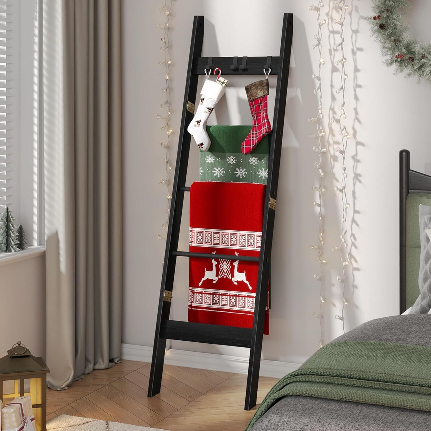 Hzuaneri Blanket Ladder for Living Room, Decorative Quilt Rack with 4 Removable Hooks, 5-Tier Farmhouse Ladder Holder Shelf Organizer for Bedroom, Rustic Brown and Black 02101BBR