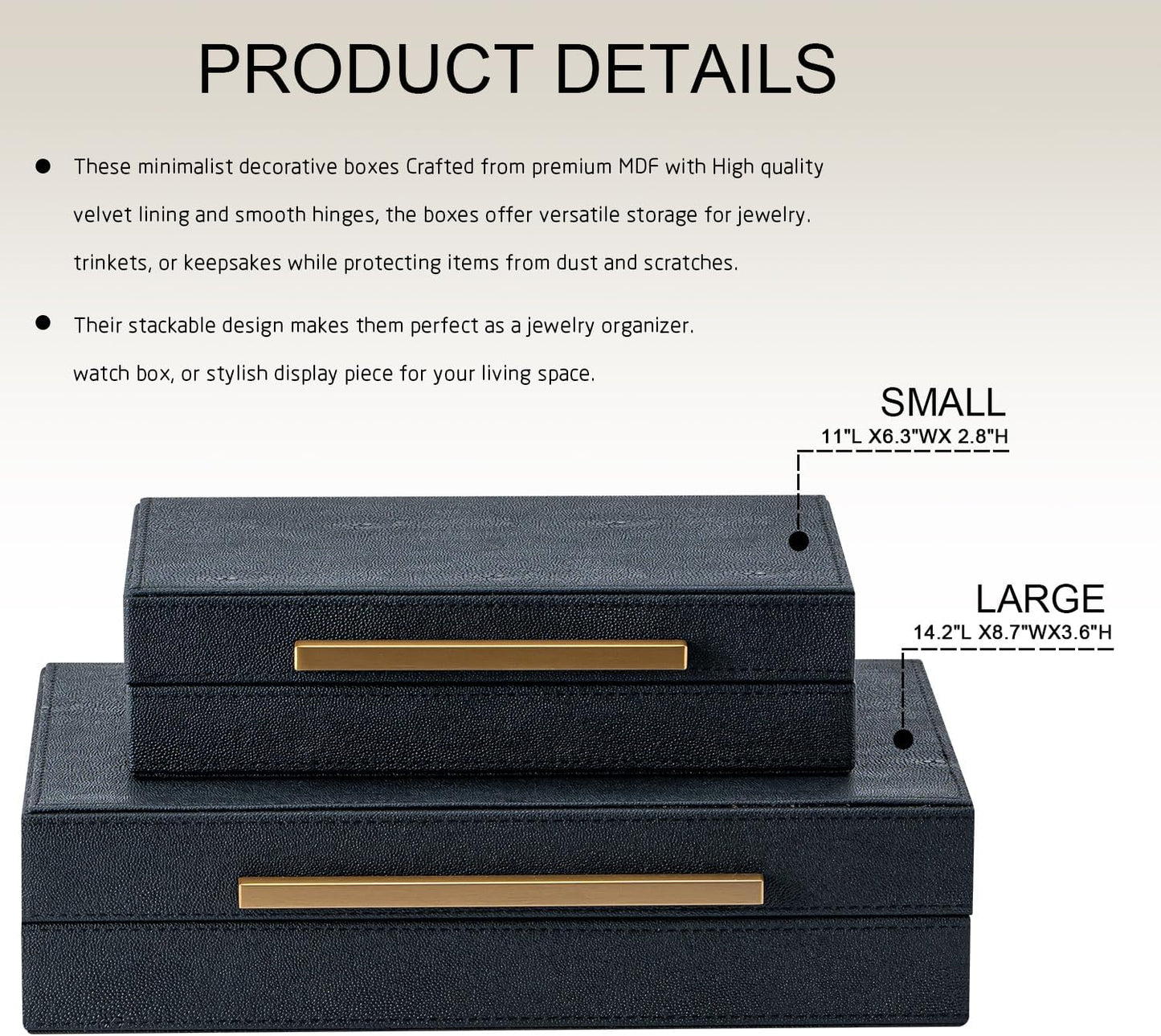 Set of 2 Beige Shagreen Decorative Storage Boxes with Gold Metal Handles – Faux Leather Jewelry & Memory Boxes, Nesting Photo Organizers for Home Decor