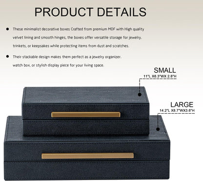 Set of 2 Beige Shagreen Decorative Storage Boxes with Gold Metal Handles – Faux Leather Jewelry & Memory Boxes, Nesting Photo Organizers for Home Decor