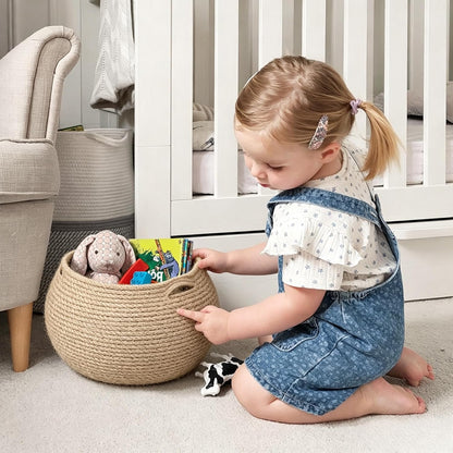 Goodpick Wicker Storage Basket for Living Room, Small Round Woven Basket for Toys, Towel, Bedroom, Children Corner Decoration Plant Baskets Indoor, Jute, 10"D x 8.3"H
