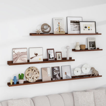 FLYJOE Picture Ledge Shelf, Floating Shelves Set of 2, Solid Pine Wood 55'' Long Large Nursery Book Shelves for Toys Storage, Kids Bookshelf for Living Room Bedroom Decor Books Photo Frames, Walnut