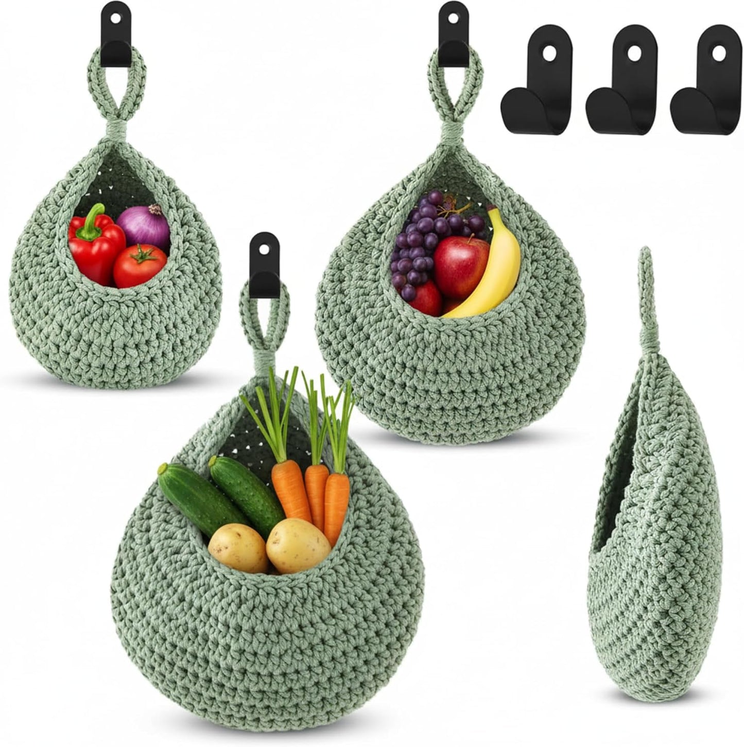 Honeydak Boho Decor Hanging Wall Baskets for Kitchen 3 Pack Teardrop Baskets with Hooks Storage Fruit Onion Vegetable Potato for Home 3 Sizes(Linen,Teardrop,Jute)