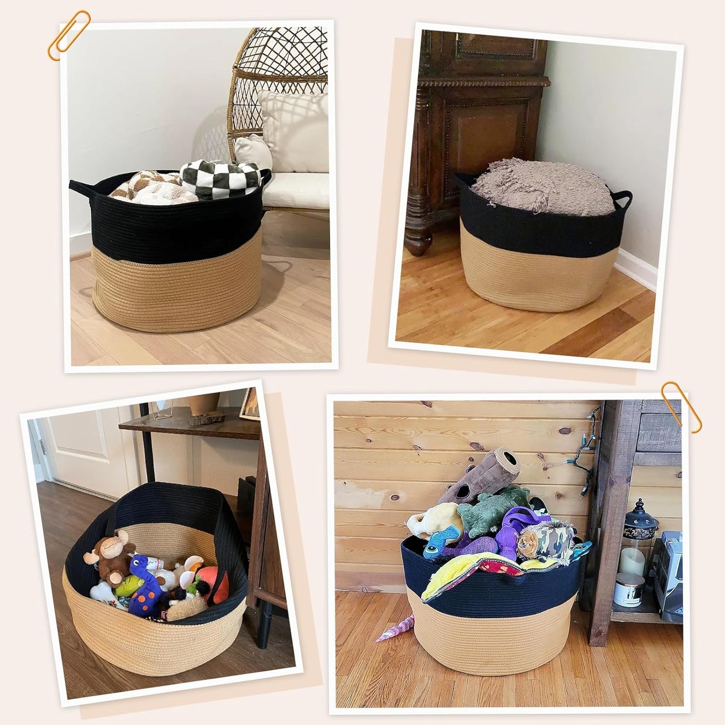 INDRESSME XXXLarge Blanket Basket for Living Room 21.7" x 21.7" x 13.8"-Storage Basket with Handle for Organizing Toy Pillows Woven Cotton Rope Laundry Basket Stuffed Animal Toy Storage for Play Room
