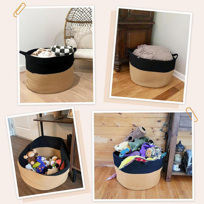 INDRESSME XXXLarge Blanket Basket for Living Room 21.7" x 21.7" x 13.8"-Storage Basket with Handle for Organizing Toy Pillows Woven Cotton Rope Laundry Basket Stuffed Animal Toy Storage for Play Room