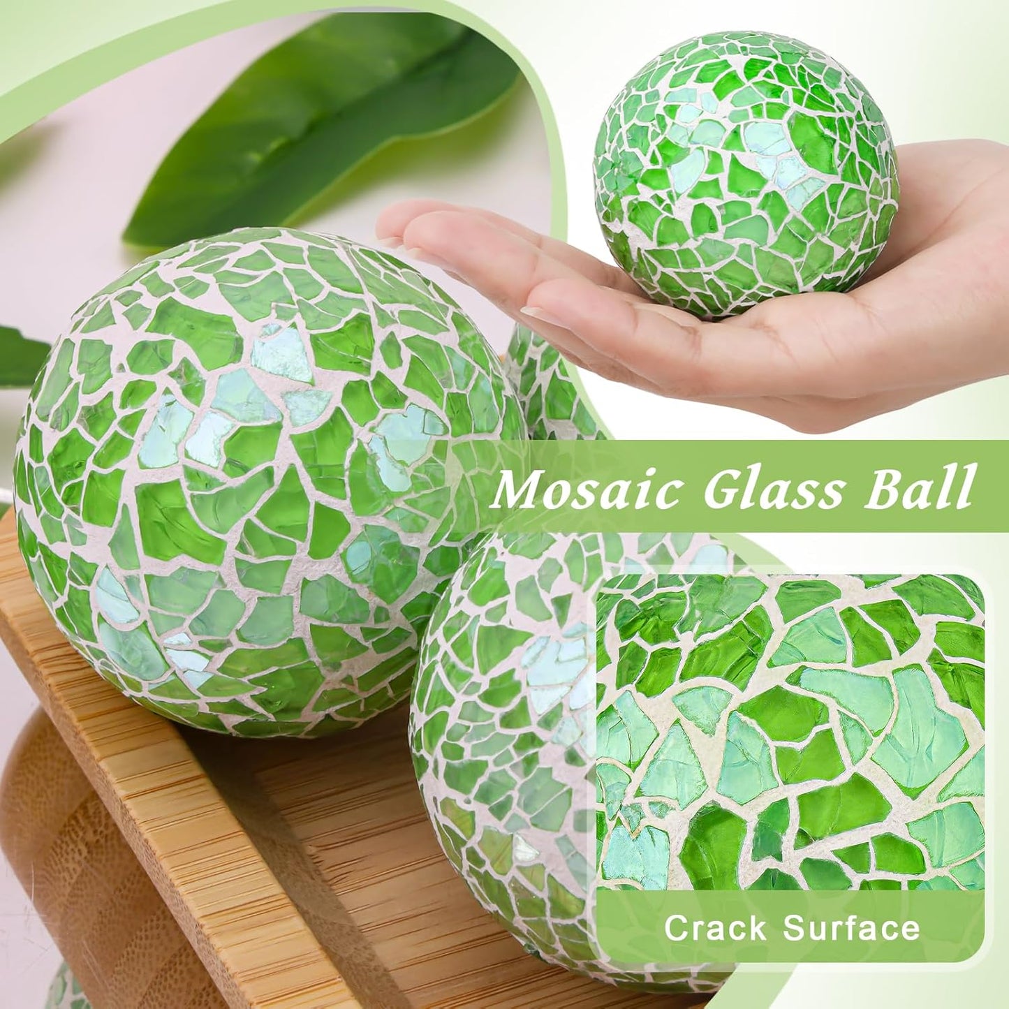 2 Pieces Decorative Glass Orbs 2.6 Inch Mosaic Crackl Solid Sphere Ball Table Centerpiece Balls Bowls Vases Christmas Decorative(Green)
