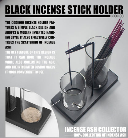 2 in 1 Incense Burner Holder for Sticks,Glass Incense Holder with Storage,Upside Down Incense Holder for Sticks with Glass Ash Catcher for Meditation Yoga Spa Room Home Decor[Full Black]