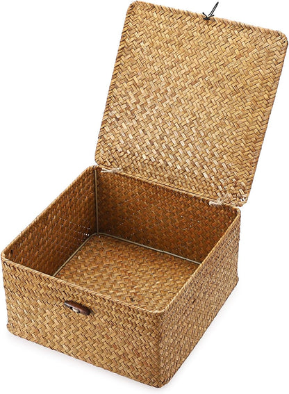 Hipiwe Seagrass Basket with Lid Wicker Storage Basket Square Handwoven Decorative Baskets Box for Shelf Multipurpose Household Baskets Home Decor,X-small