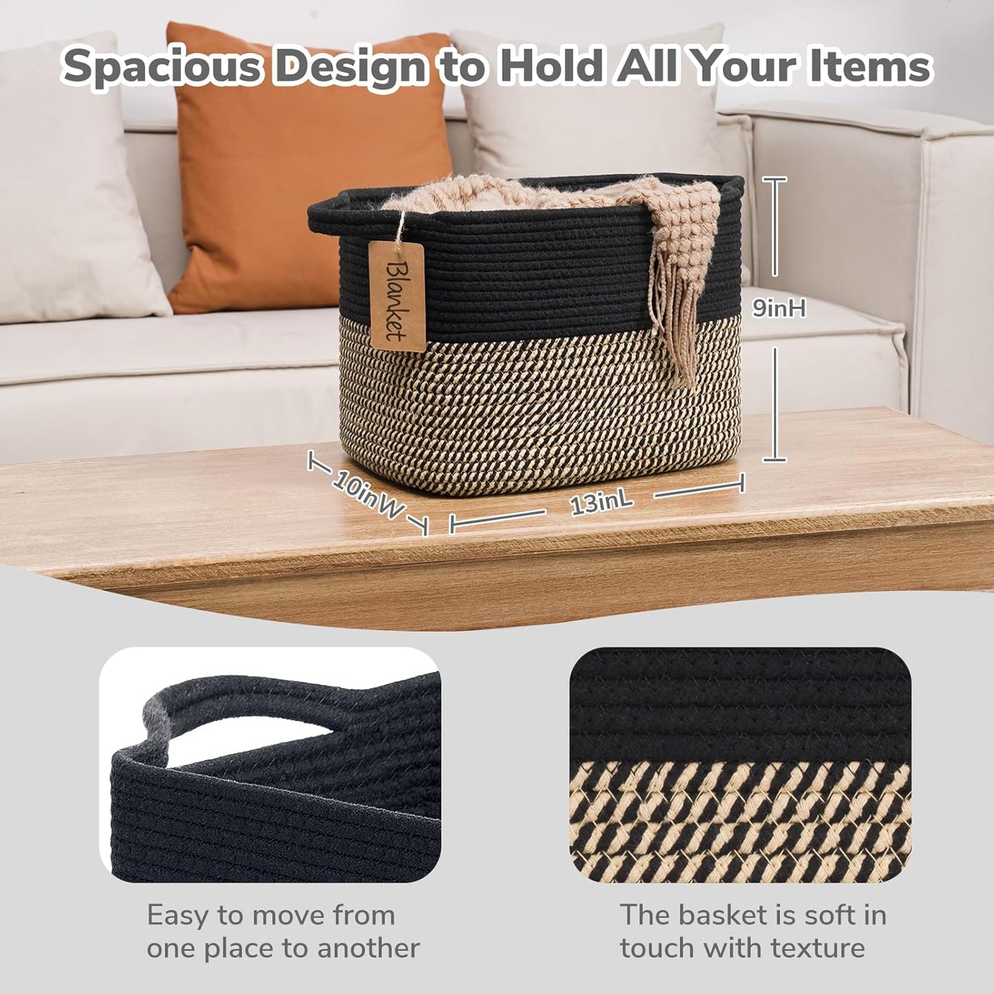 Goodpick Woven Storage Basket, Cotton Rope Basket for Dog Toys, Books, Stylish Gift Basket with Handles, 13 x 10 x 9 Inches Square Baskets for Organizing, Brown and White