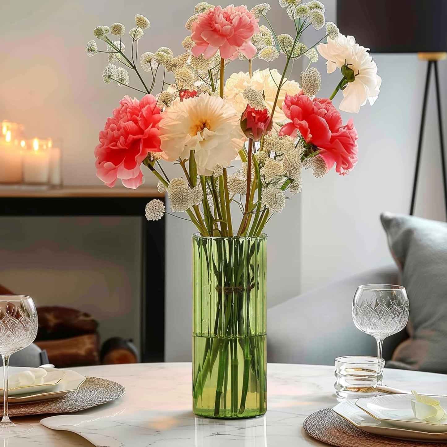 ComSaf Glass Cylinder Vases, Bud Vase for Centerpieces, 8 Inch Tall Ribbed Vase Hurricane Floating Candle Holder, Decorative Flower Vases for Wedding Reception, Home Decor, Housewarming Gift (Clear)