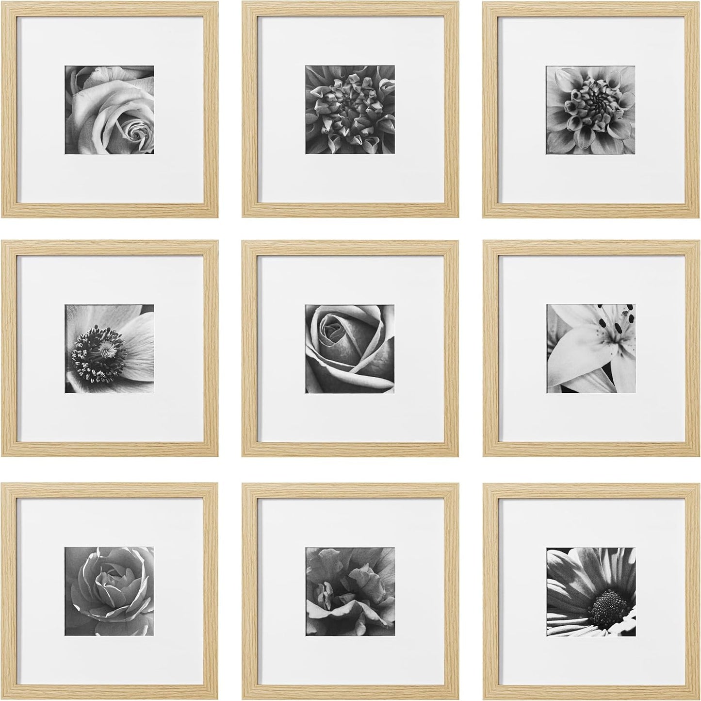 eletecpro 12x12 Picture Frames Set of 9 with Clear Acrylic Cover, Display 8x8 Photos with Mat or 12x12 Without, Classic and Sturdy Square Collage Gallery Wall Decor, Easy Wall Mount, Black