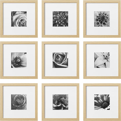 eletecpro 12x12 Picture Frames Set of 9 with Clear Acrylic Cover, Display 8x8 Photos with Mat or 12x12 Without, Classic and Sturdy Square Collage Gallery Wall Decor, Easy Wall Mount, Black