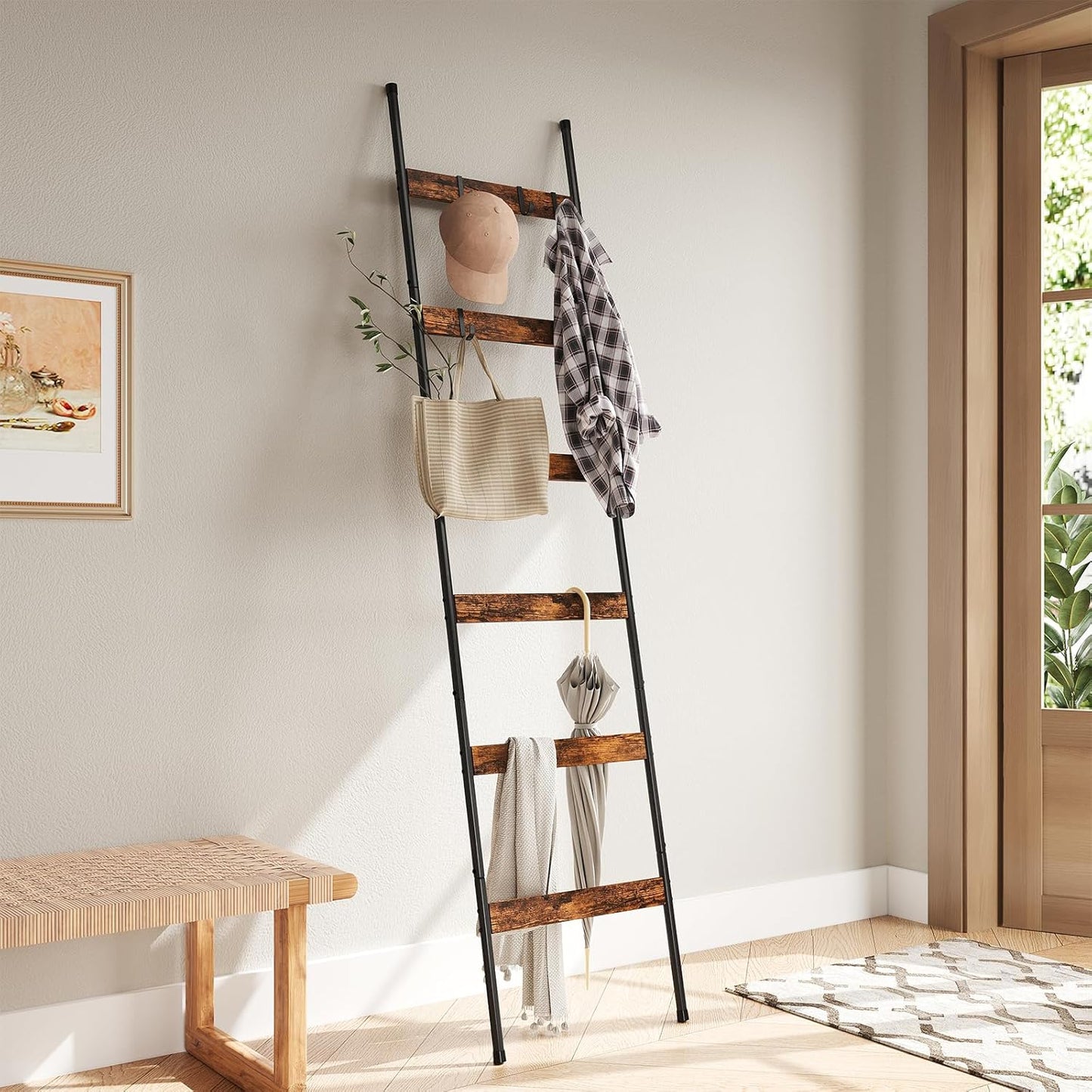 ELYKEN Blanket Ladder for Living Room, Farmhouse 5-Tier Quilt Holder with 4 Removable Hooks for Bathroom, Wood Towel Rack Display, Wall Anchor Leaning Decorative Stand for Home, Rustic Brown