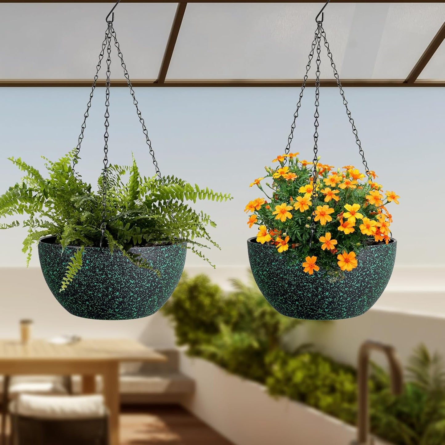Meowell 10 inch Hanging Planters for Indoor Outdoor Plants, 2 Pack Hanging Flower Pots with Drainage Holes and Chain for Garden Porch, Plastic Hanging Baskets for House Plants, Speckled Grey