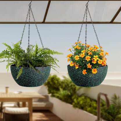 Meowell 10 inch Hanging Planters for Indoor Outdoor Plants, 2 Pack Hanging Flower Pots with Drainage Holes and Chain for Garden Porch, Plastic Hanging Baskets for House Plants, Speckled Grey