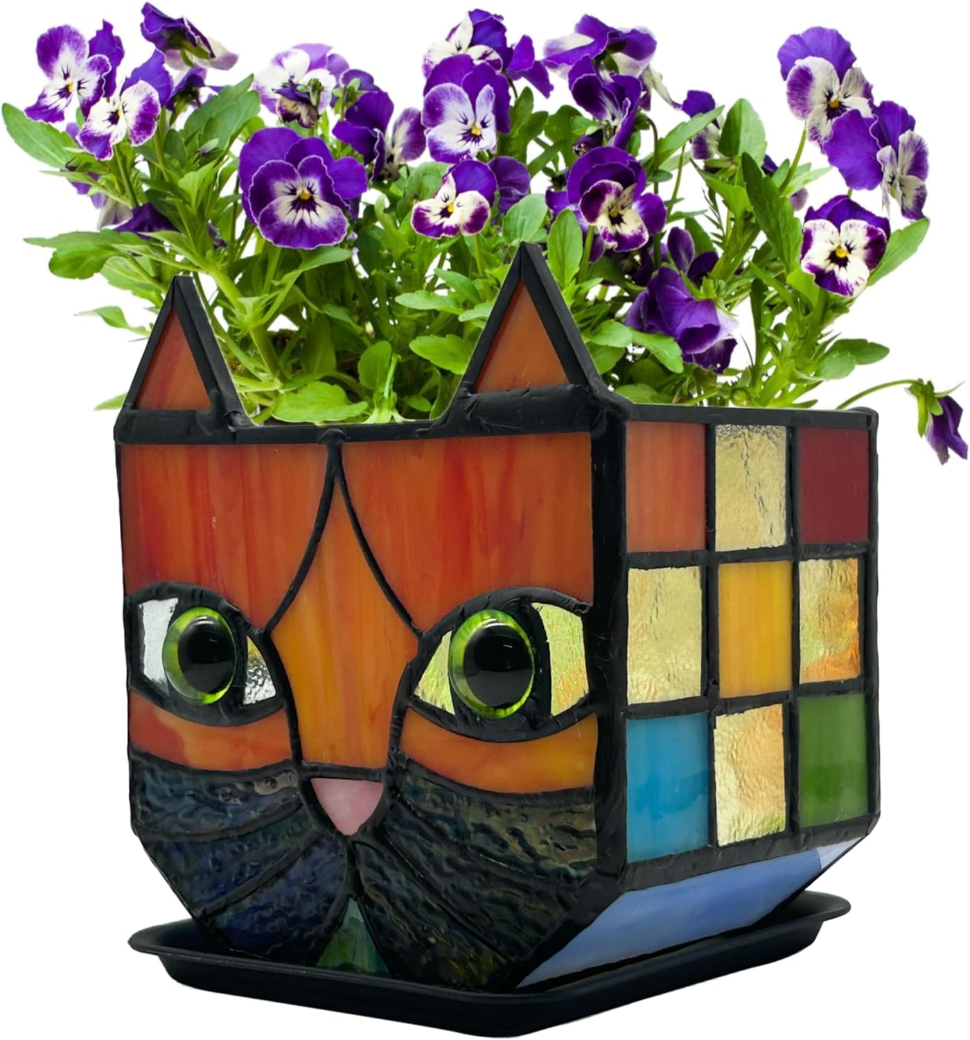 Tiffany Stained Glass Fun Moon Sleeping Cat Planter，Cactus Planter，Cute Planters for Indoor Plants,Decorative Flower Pots As Gifts for Cat Lovers，4.6x3x5.15 in