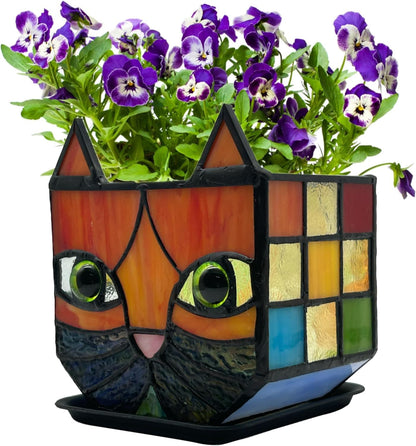 Tiffany Stained Glass Fun Moon Sleeping Cat Planter，Cactus Planter，Cute Planters for Indoor Plants,Decorative Flower Pots As Gifts for Cat Lovers，4.6x3x5.15 in