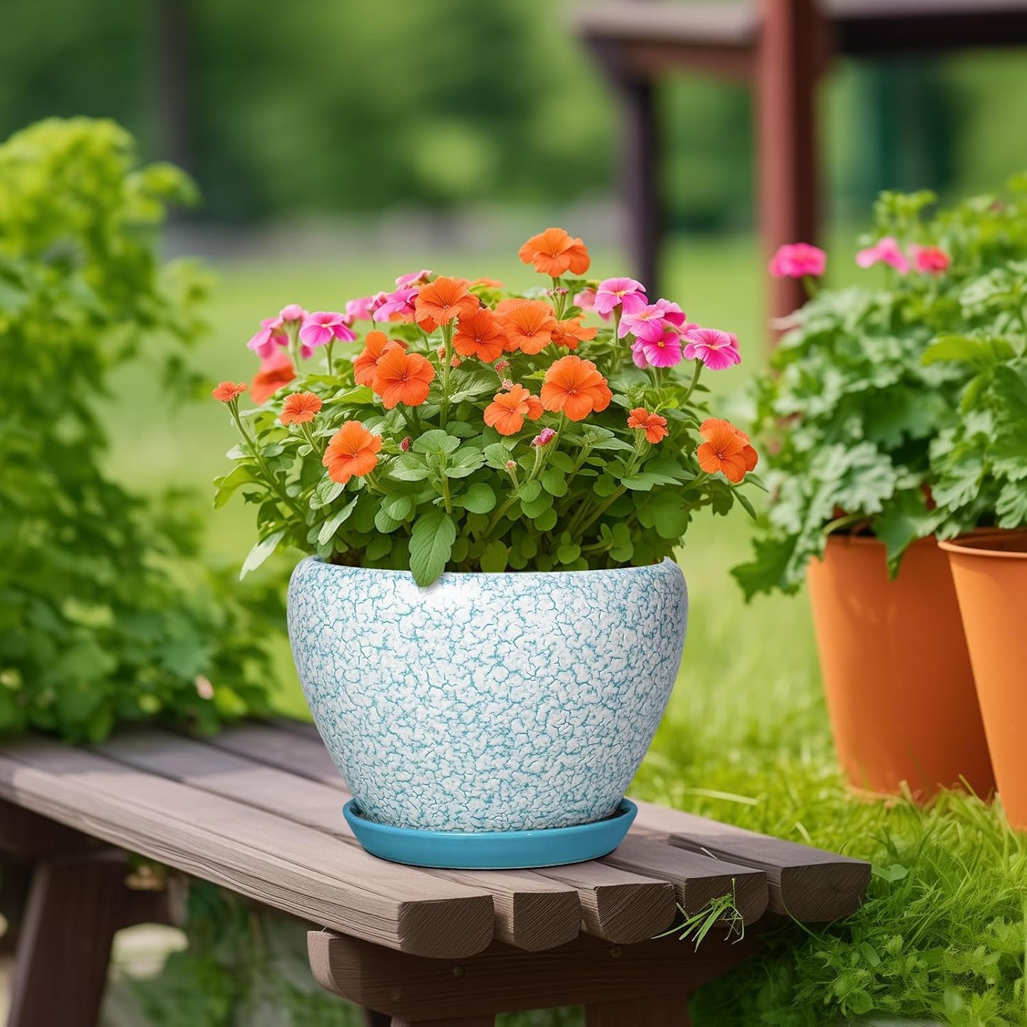 6 Inch Plant Pot - Ceramic Pots for Plants with Drainage Hole and Saucer, Round Succulent Planter Indoor Outdoor, Modern Flower Pot for Snake Plants, Home Decor, Gifts for Plant Lover, Blue