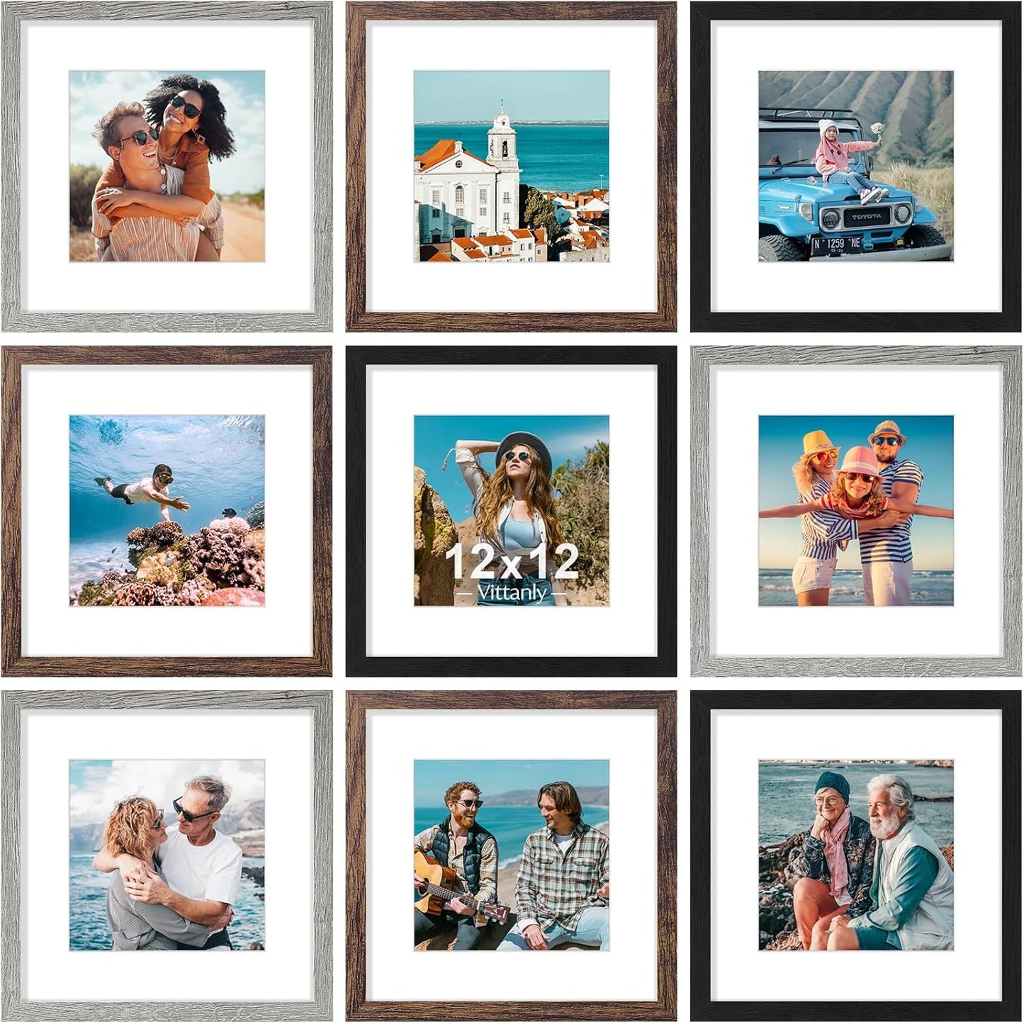 Vittanly 8x10 Picture Frames Set of 9, Shatter Resistant Plexiglass, Display 5x7 Pictures with Mat or 8x10 without Mat, Photo Frames for Wall or Tabletop, Engineered Wood, Black - Colors A