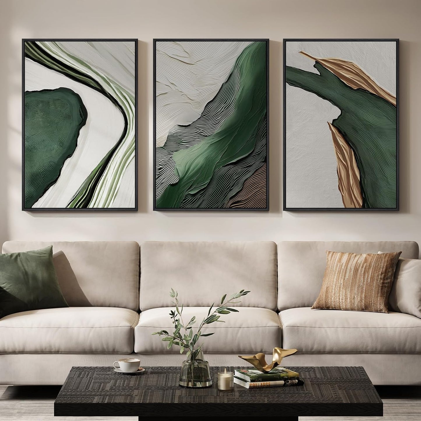 Large Framed Abstract Nature Landscape Wall Art for Living Room, Set of 3 Modern Canvas Prints Paintings Artwork for Walls, Green Lake Pictures for Hallway, Dining Room, Office Wall Decor 24x36 Inch