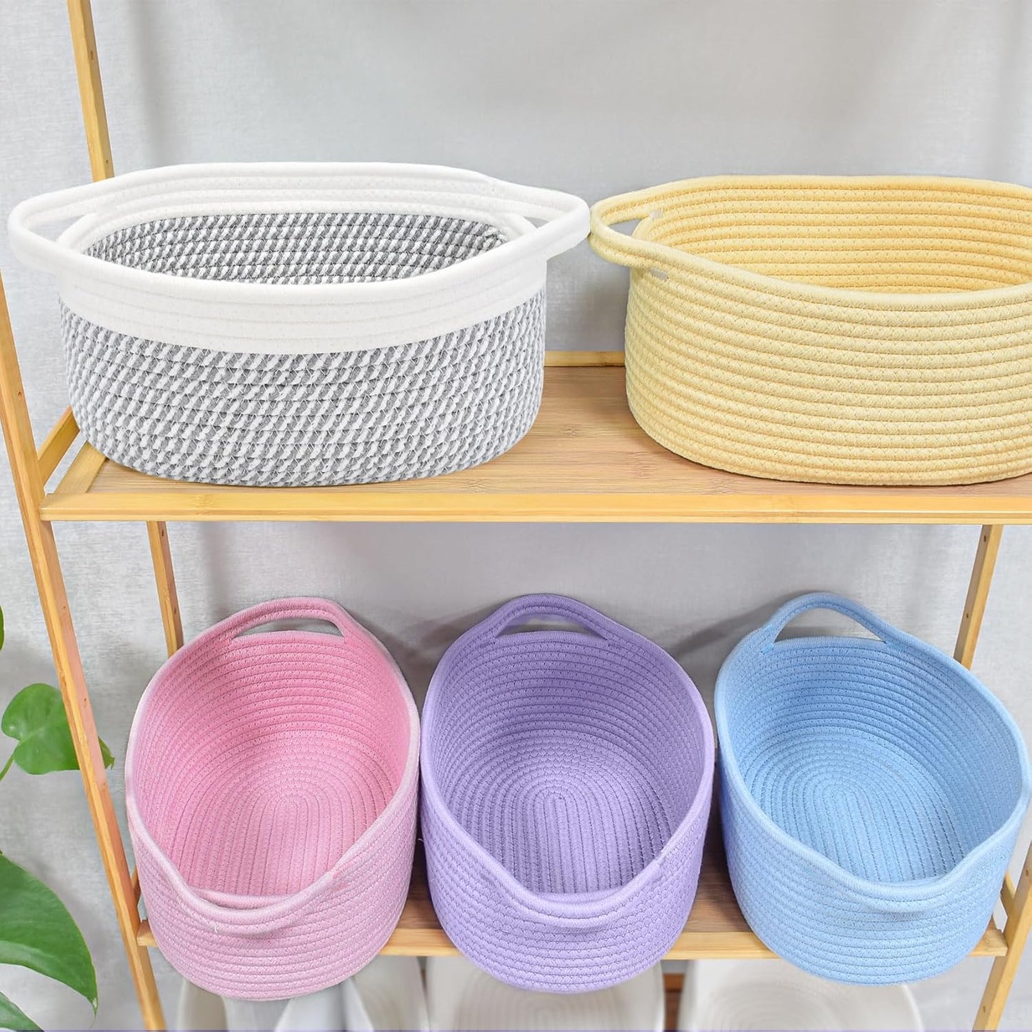 ABenkle Small Basket with Handles, Boho Decorative Rope Woven Dog Cat Toy Storage Bin Shelf Storage Organizer, Easter Christmas Gift Basket, 12"x8"x5", White