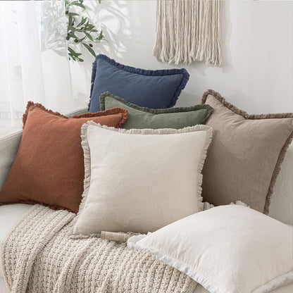 MIULEE Decorative Throw Pillow Covers Neutral Linen Fringe Throw Pillows Set of 2 Natural Beige Boho Farmhouse Cushion Covers with Tassels for Couch Sofa Bed Spring Home Decor 20x20 Inch