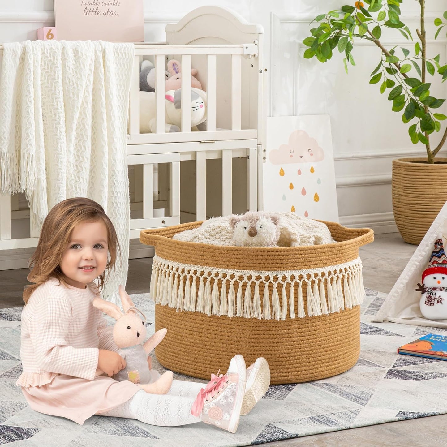 KAKAMAY Large Blanket Basket (20"x13"),Woven Baskets for storage Baby Laundry Hamper, Cotton Rope Blanket Basket for Living Room, Laundry, Nursery, Pillows, Baby Toy chest (White/Brown)