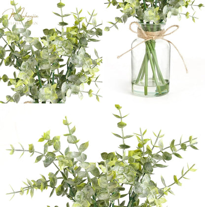 Muhanjia Artificial Eucalyptus Stems in Glass Vase with Faux Water,3Pcs Fake Plant with Double-Sided Green Leaves for Centerpiece(Double-Sided Green Eucalyptus)