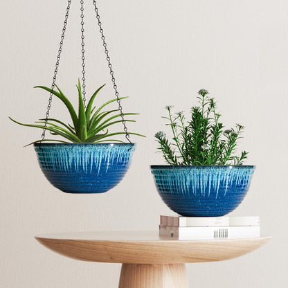 Vanslogreen 2 Pack Hanging Planters for Indoor Outdoor Plants, 10 Inch Hanging Planter with Drainage Hole & Plug Glazed Hanging Baskets Flower Pots for Garden Home (Blue)