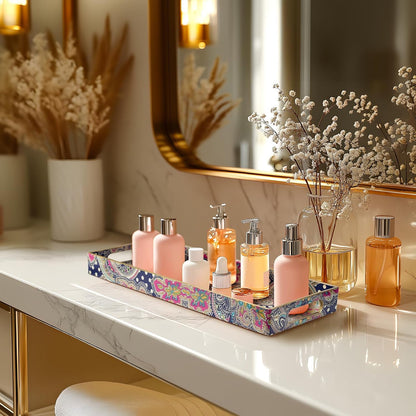 MAONAME White Decorative Tray, Plastic Serving Tray with Handles, Rectangular Moroccan Trays, Long Narrow Trays for Bathroom, Kitchen Counter, 13.8" X 6" X 1.57"