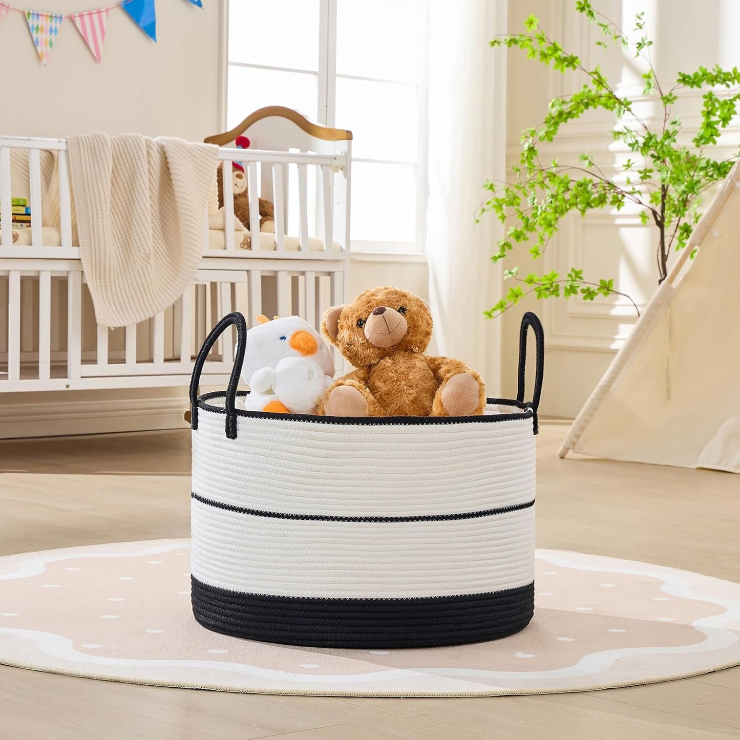 KAKAMAY Large Blanket Basket (20"x13"),Woven Baskets for storage Baby Laundry Hamper, Cotton Rope Blanket Basket for Living Room, Laundry, Nursery, Pillows, Baby Toy chest (White/Brown)