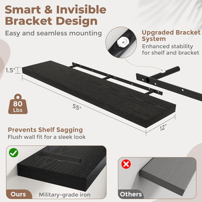 72 Inch Long Floating Shelves for Wall Set of 2, 12"D Wood Grain Bathroom Shelves with Invisible Brackets, Easy Install Engineered Wood Storage Shelves for Kitchen, Living Room, Bedroom, Black Finish