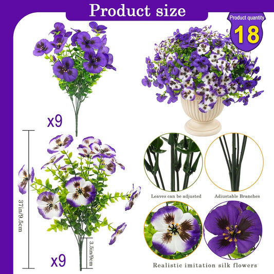 Rowfad 18 Pcs Artificial Fake Pansy Flowers for Outdoor, Faux Silk Pansies Spring Flowers for Outside for Planter Front Door Porch Yard Patio Window Box Home Decor (18, Purple, Yellow, White)