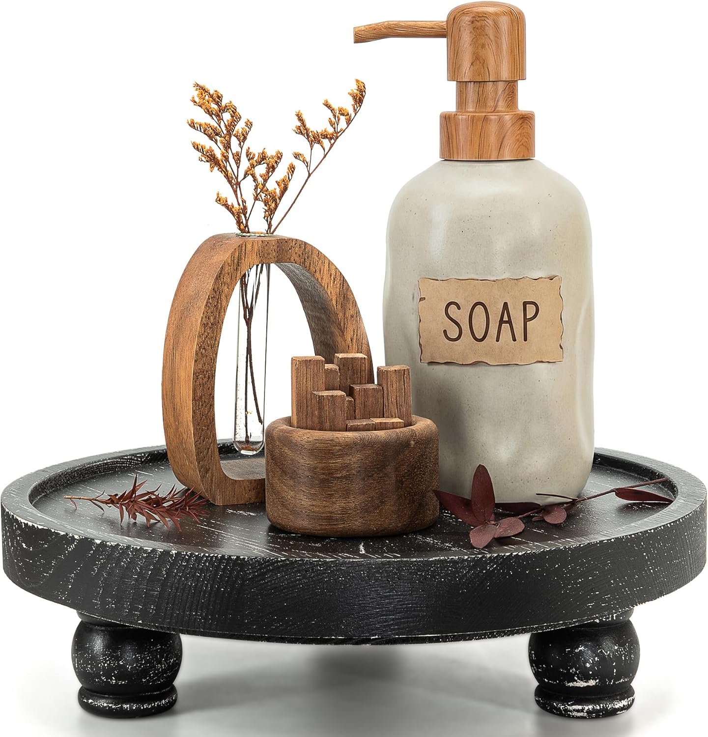 EOSAHR Farmhouse Pine Wood Riser for Home Decor – Round Pedestal Stand for Coffee Table & Kitchen Sink – Stylish Display Stand for Dish Soap Dispenser, Candles, Plants and Cupcakes (Green)