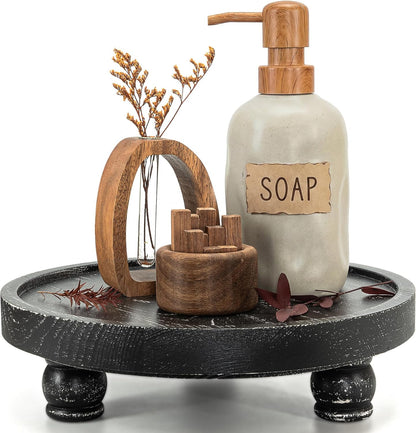 EOSAHR Farmhouse Pine Wood Riser for Home Decor – Round Pedestal Stand for Coffee Table & Kitchen Sink – Stylish Display Stand for Dish Soap Dispenser, Candles, Plants and Cupcakes (Green)