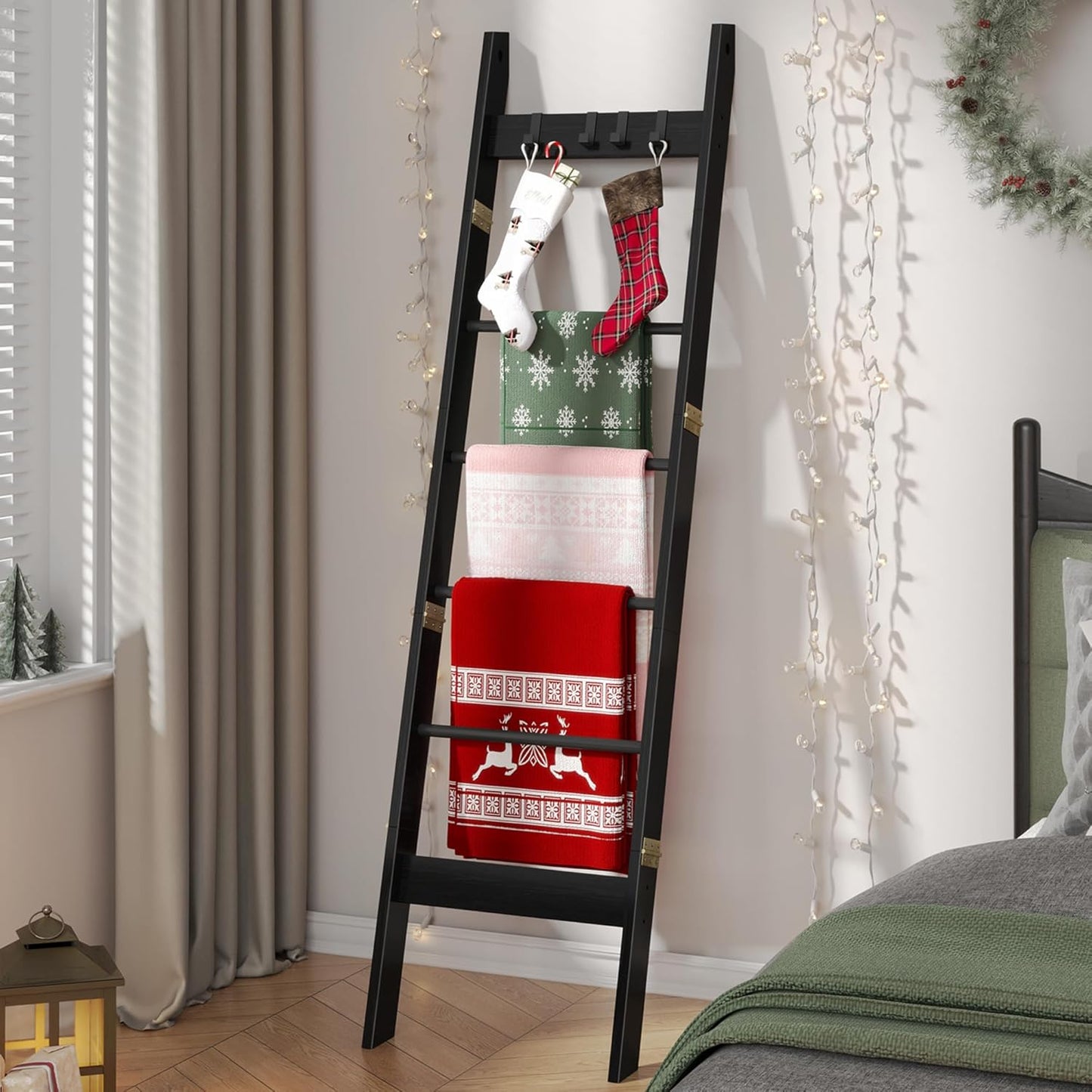 Hzuaneri Blanket Ladder for Living Room, Decorative Quilt Rack with 4 Removable Hooks, 5-Tier Farmhouse Ladder Holder Shelf Organizer for Bedroom, Rustic Brown and Black 02101BBR