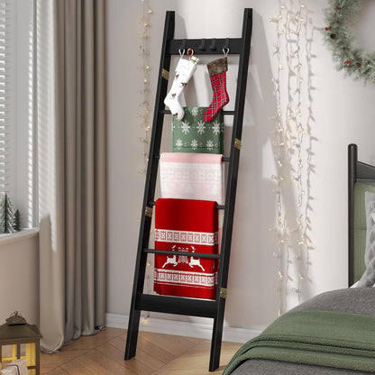 Hzuaneri Blanket Ladder for Living Room, Decorative Quilt Rack with 4 Removable Hooks, 5-Tier Farmhouse Ladder Holder Shelf Organizer for Bedroom, Rustic Brown and Black 02101BBR