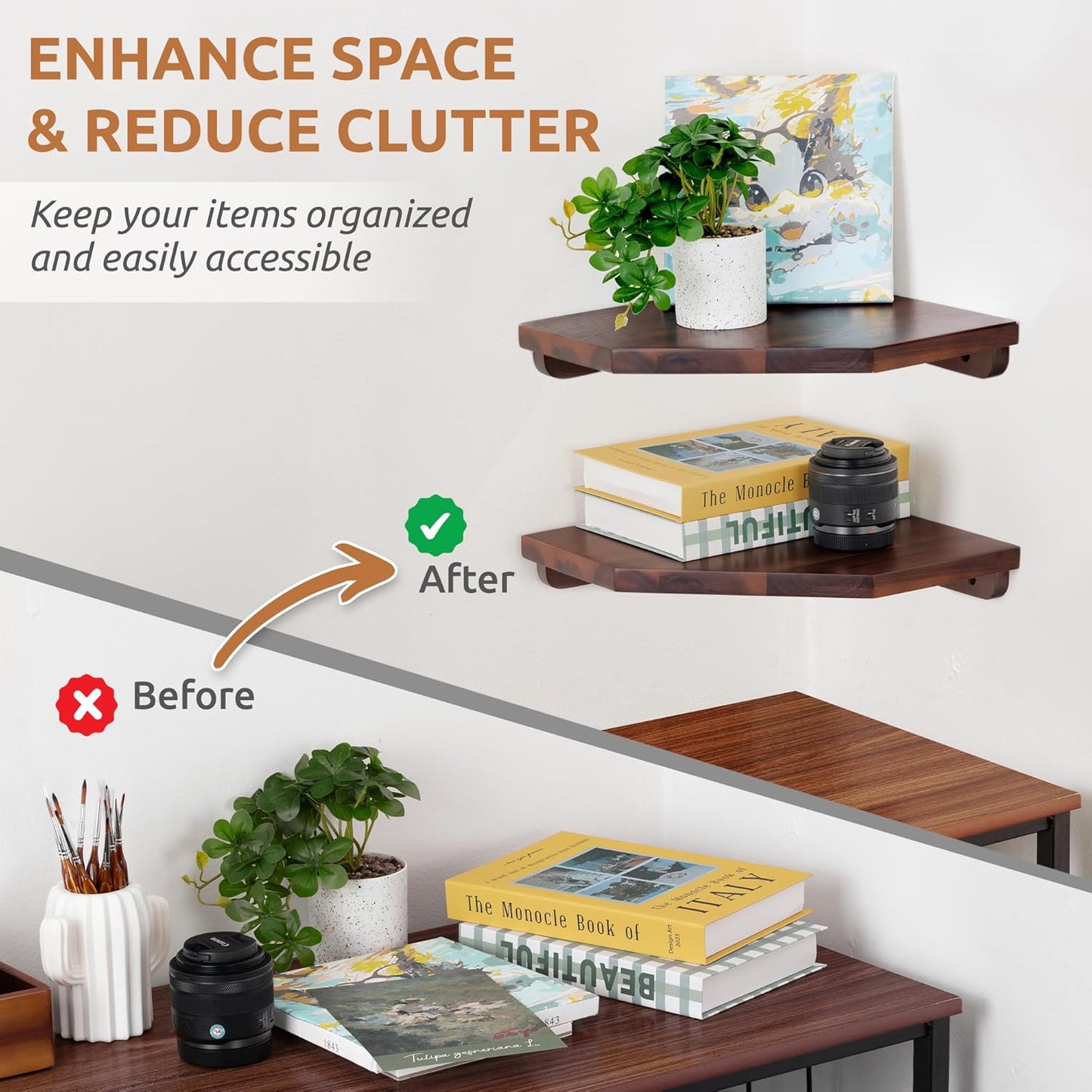 Demigo Corner Shelf Wall Mount, Set of 2 Solid Acacia Wood 11.8 x 16.5 inches Floating Corner Shelves, Smooth - Durable - Attractive Corner Shelves for Bedroom Living Room Bathroom Kitchen