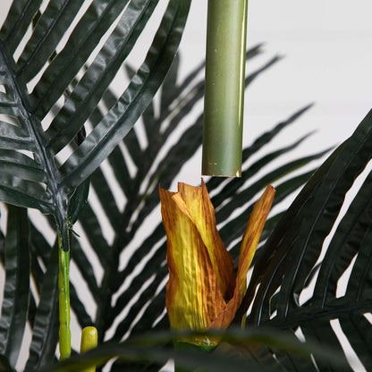 Nearly Natural 6.5ft Artificial Golden Cane Palm Tree, Lifelike Silk Indoor Palm With Three Textured Trunks Flexible Fronds Nursery Planter, Low Maintenance