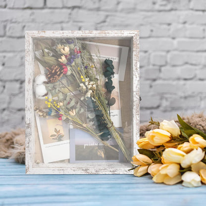GraduationMall 13x16 Wood Shadow Box Frame Glass Door Display Case with Linen Back and 6 Stick Pins,1.5 inches Interior Depth,Ideal for Memorabilia Pictures Flowers Medals Tickets Rustic White
